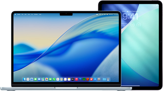 MacBook a sinistra, iPad a destra, entrambi gli schermi mostrano una carta da parati blu e verde simile.