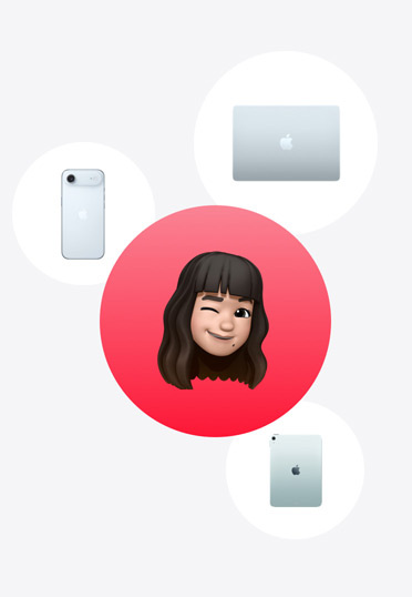 Apple Watch, MacBook et iPad entourant un Memoji dans un cercle rouge.