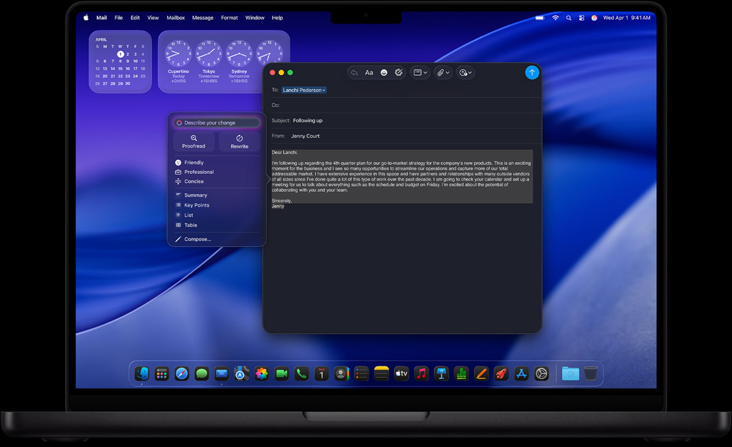 La prestación Herramientas de Escritura de Apple Intelligence se usa para escribir un correo