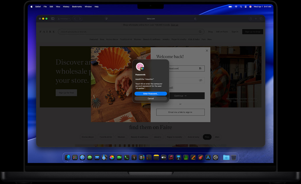 MacBook Pro, color negro espacial, Safari y la app Contraseñas pide que se inicie sesión en un sitio web con Touch ID