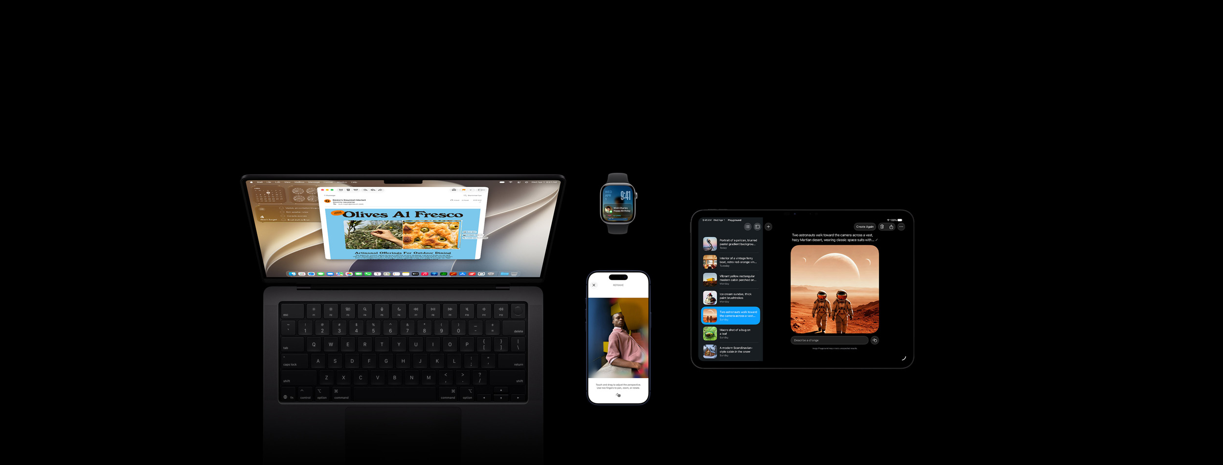 Quatre produits, dont un iPhone 17 Pro, bleu intense, montrant une démo de la fonctionnalité de retouche photo Recadrer avec l’image d’une personne appuyée contre un plan de travail, une Apple Watch Series 11, gris sidéral de 46 mm, affichant la date et le verrouillage de l’écran avec un rappel de calendrier d’anniversaire dans Défilement intelligent, un MacBook Pro 14 pouces, noir sidéral, affichant une démo de l’Intelligence visuelle avec une capture d’écran d’une focaccia aux olives à partir d’un e-mail et plusieurs prompts sur l’image, et un iPad Pro 11 pouces, noir sidéral, affichant Image Playground avec l’image de deux astronautes sélectionnée dans une liste dans la barre latérale