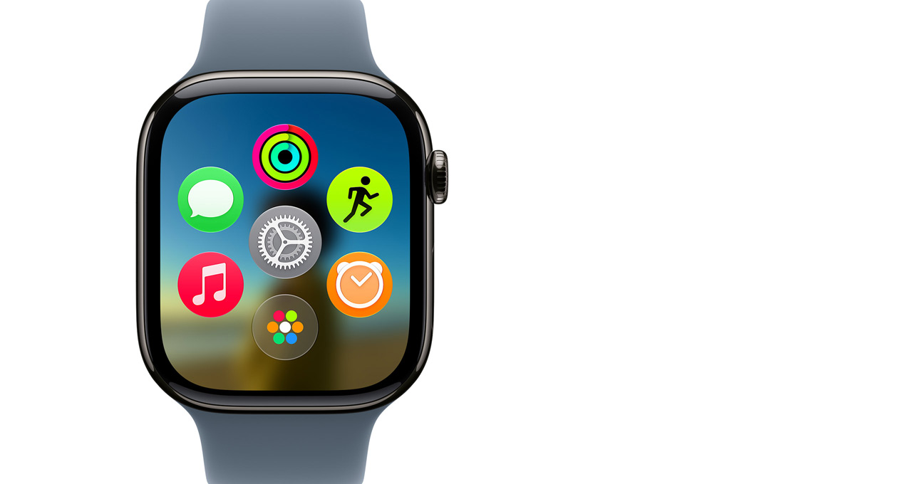 Apple Watch Series 11, titane ardoise, affichant la grille d’apps dynamique