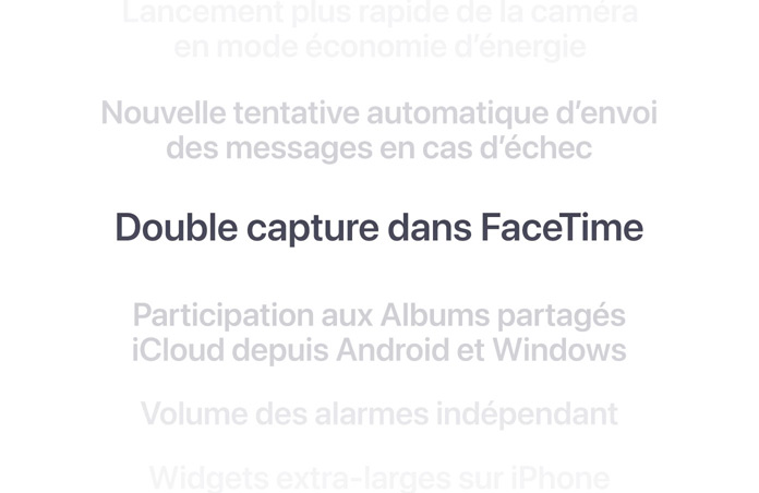 Liste verticale des fonctionnalités, avec « Double capture dans FaceTime » affiché en gras au centre. Les fonctionnalités environnantes s’estompent en arrière-plan au-dessus et en dessous.