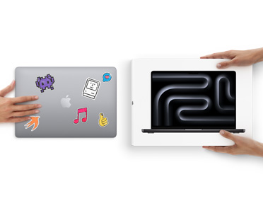 A hand slides a MacBook with stickers on the cover towards two hands holding a new MacBook in the box