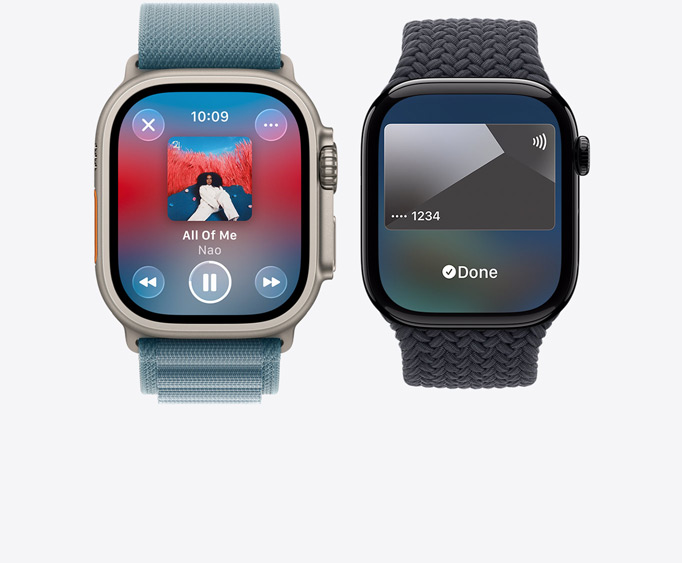 Apple Watch Ultra 3, boîtier en titane, finition naturelle, app Apple Music, écran à l’écoute, Apple Watch Series 11, boîtier en aluminium, finition noir de jais poli, écran Apple Pay, Apple Card