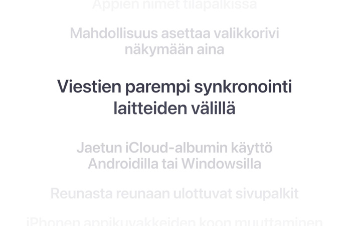 Pystysuuntainen ominaisuusluettelo, jonka keskellä lihavoituna ”Parannettu viestien synkronointi laitteiden välillä”. Ympäröivät ominaisuudet häipyvät ylä- ja alapuolella olevaan taustaan.