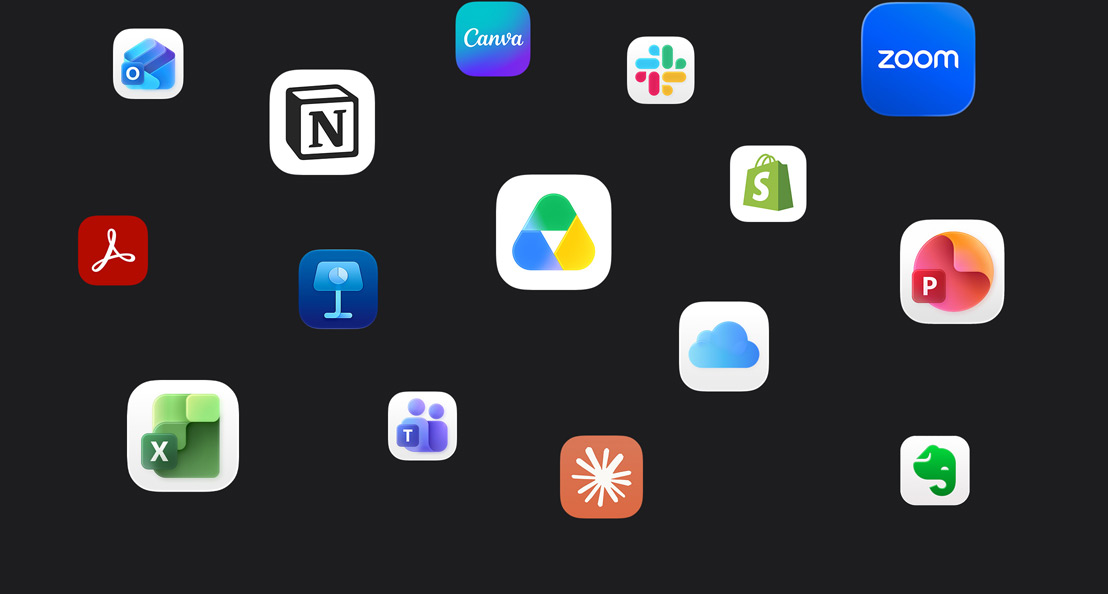 Icônes d’apps éparpillées sur un fond sombre : Microsoft Teams, Microsoft Excel, Canva, Shopify, Microsoft Powerpoint, Claude, Zoom, Notion, Keynote, Slack, Salesforce, Quickbooks, Google Drive, Acrobat Reader, Microsoft Outlook