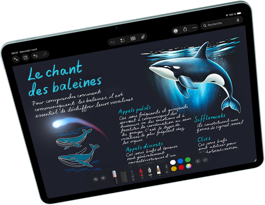 iPad Air en mode paysage présentant Apple Intelligence avec la Baguette graphique dans Notes, Apple Pencil Pro