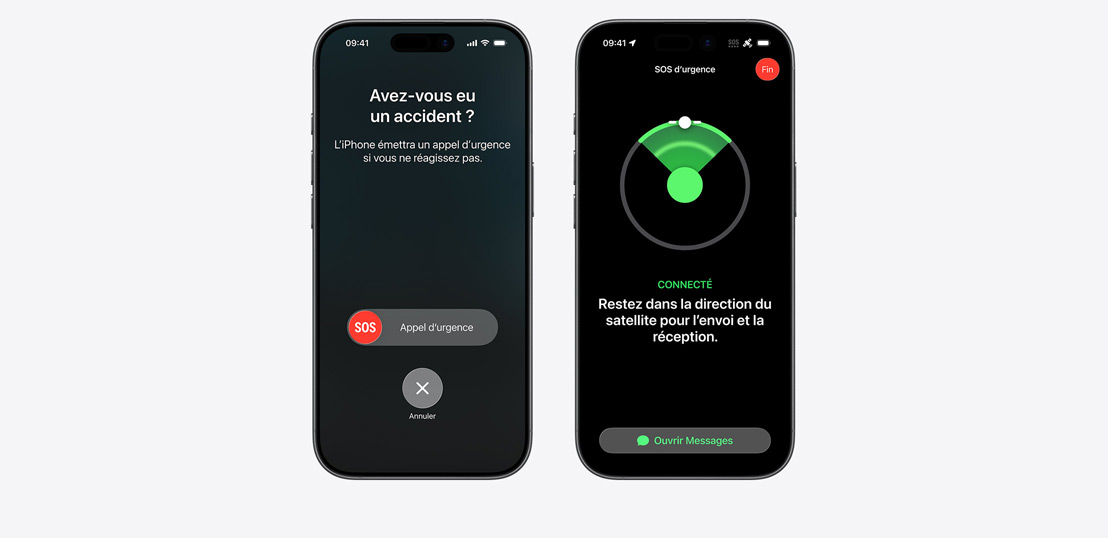 Côte à côte, iPhone affichant la fonctionnalité Détection des accidents, iPhone affichant la fonctionnalité SOS d’urgence en cours d’utilisation