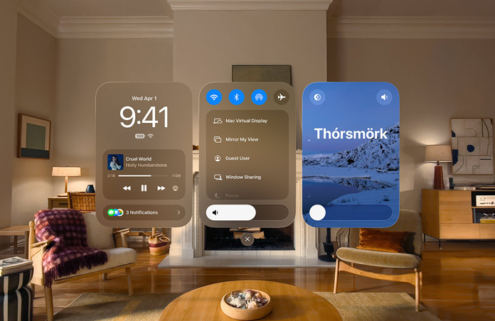 Vue de l’Apple Vision Pro avec trois fenêtres ouvertes, de gauche à droite, la Date et l’Heure avec la commande du lecteur multimédia, les commandes de connectivité et les réglages d’affichage
