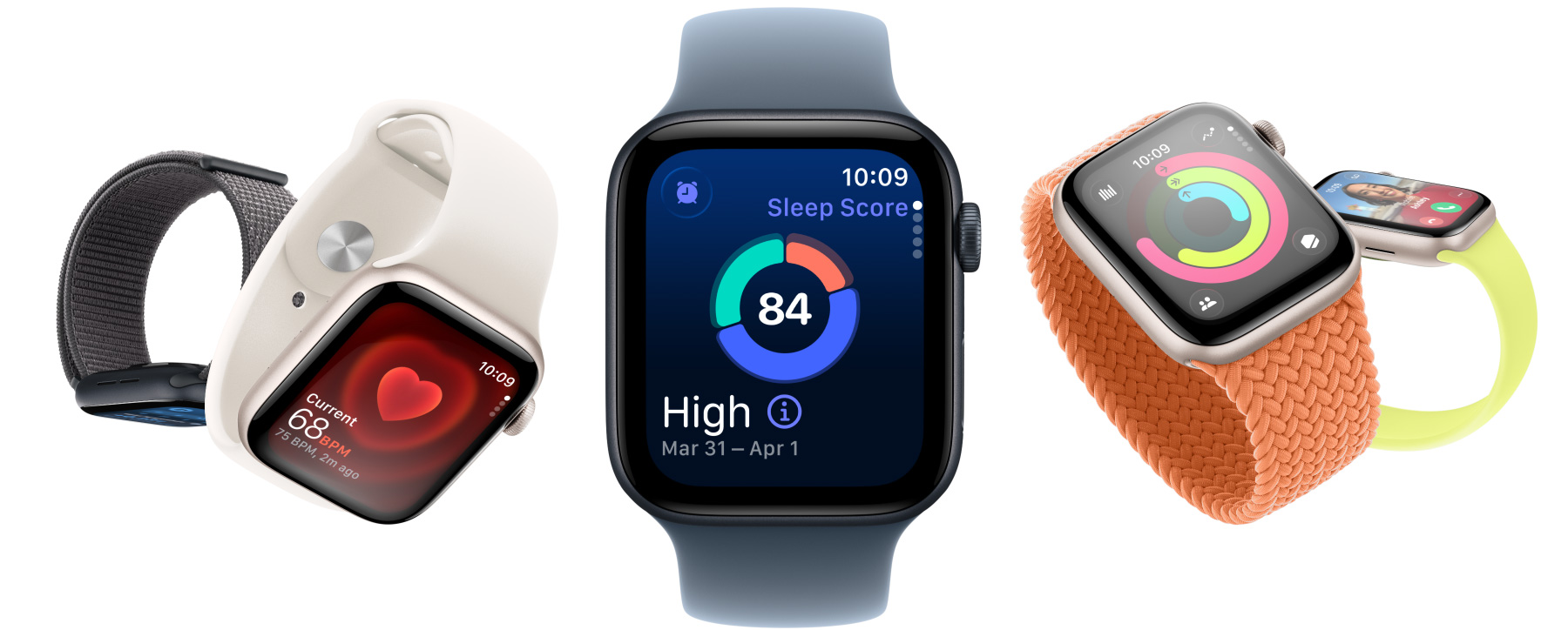 Apple Watch SE 3 με κάσες από αλουμίνιο διαθέσιμες σε χρώματα αστροφεγγιά και μαύρο του μεσονυκτίου, εξοπλισμένο με apps όπως Ζωτικές Ενδείξεις, Καρδιακοί Παλμοί, βαθμολογία ποιότητας ύπνου, Κύκλοι δραστηριότητας και εισερχόμενη κλήση