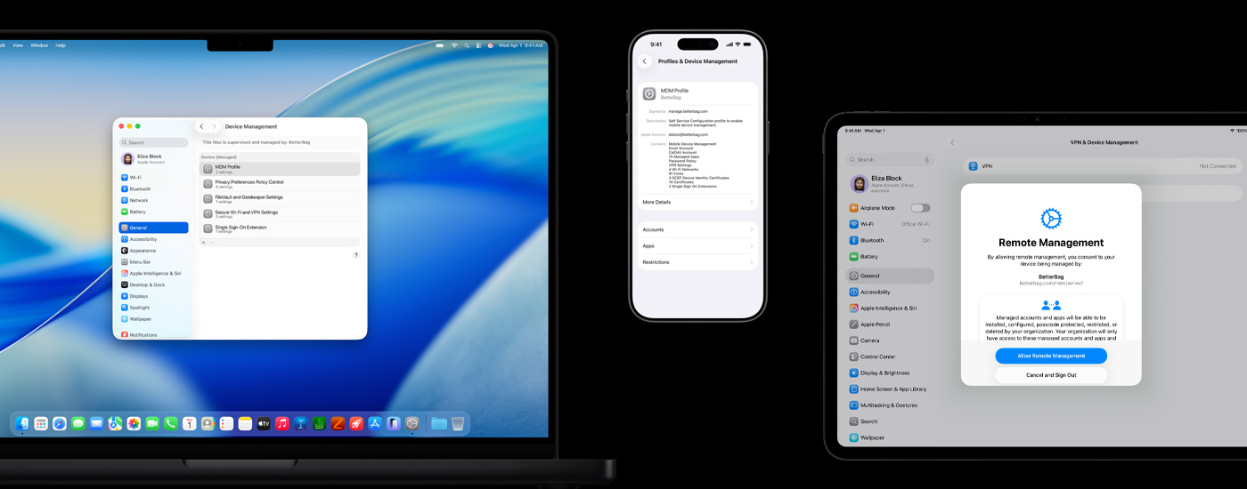 三款 Apple 裝置並列展示：左方 Mac 電腦螢幕顯示「裝置管理」視窗。中間是一部 iPhone，顯示 MDM (流動裝置管理) 個人檔案設定。右方 iPad 顯示「遙距管理」視窗。