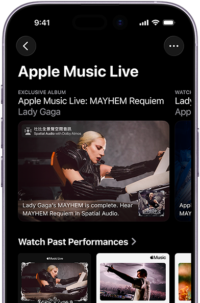 Apple Music Live screen on iPhone showing Watch Now and past performances