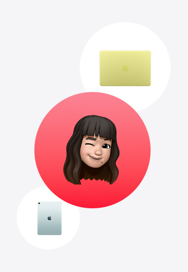 MacBook, iPad, surrounding a Memoji in red circle.