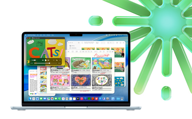 MacBook in Sky Blue, displaying Quicktime, Notes, Keynote, and Photos, showcasing ability to multitask with multiple apps