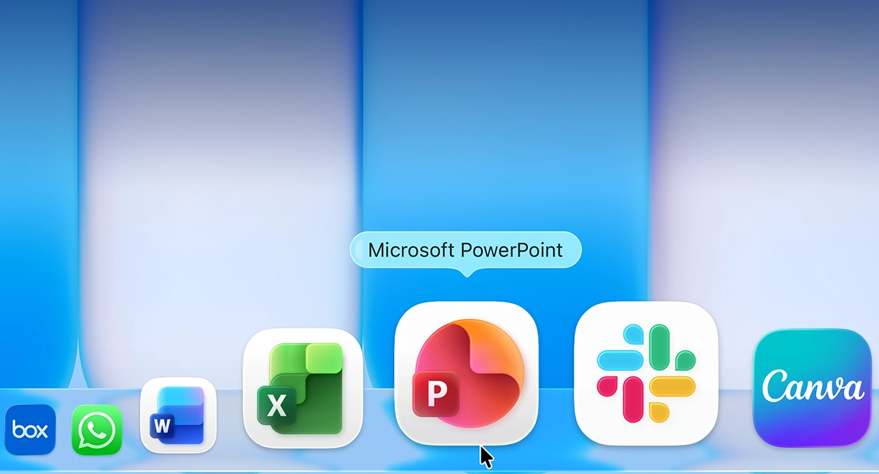 macOS desktop showing Dock with various apps, Microsoft PowerPoint app highlighted