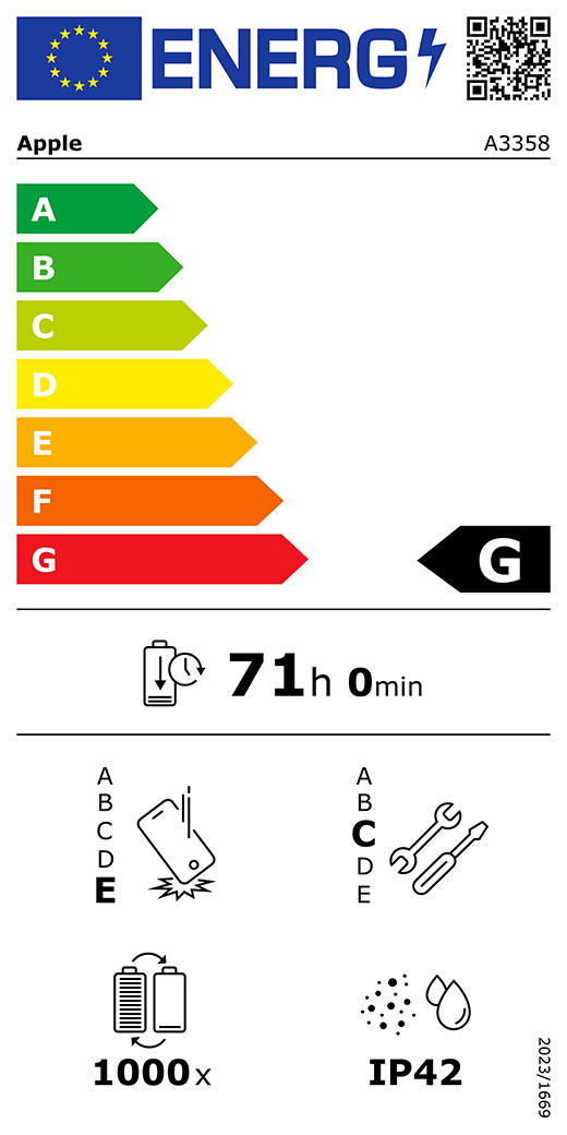 EU oznaka energetske učinkovitosti – QR kôd i informacije, Apple model A3358, razred G, razredi energetske učinkovitosti (sa skalom od A do G), A (najučinkovitiji) do G (najmanje učinkovit), izdržljivost baterije po ciklusu, 71 sat i 0 minuta po punom punjenju baterije, klasa pouzdanosti pri višekratnim slobodnim padovima E, A (najizdržljiviji) do E (najmanje izdržljiv), klasa popravljivosti C, A (najlakše popravljivo) do E (najteže popravljivo), 1000 ciklusa izdržljivosti baterije, zaštita od prašine i vode (IP) ocjena IP42, uredba 2023/1669