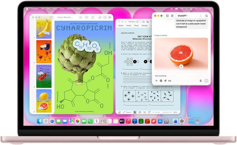 Prikaz MacBooka Neo u rumenoj boji, na čijem su zaslonu otvoreni ChatGPT za generiranje slike grejpfruta, Keynote dokument pod nazivom „Plakati molekula“ s vizualizacijama voća, povrća i njihove molekularne građe te popratni Microsoft Word dokument