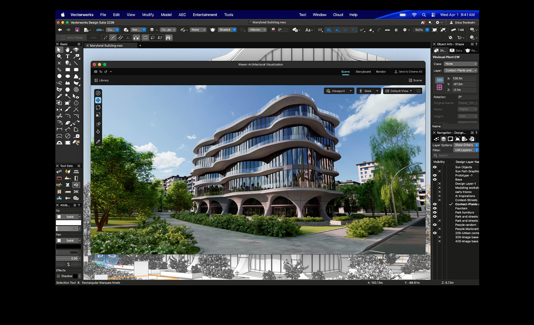 Egy MacBook Pro kijelzőjén a Vectorworks Design Suite látszik a Maxon Redshifttel