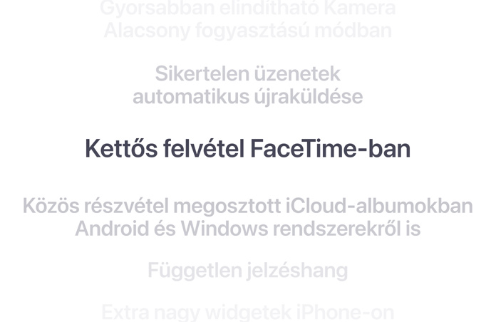 Táblázatba rendezett funkciók, középen félkövéren a Kettős felvétel FaceTime-ban. Az alatta és felette látható funkciók a háttérbe olvadnak.