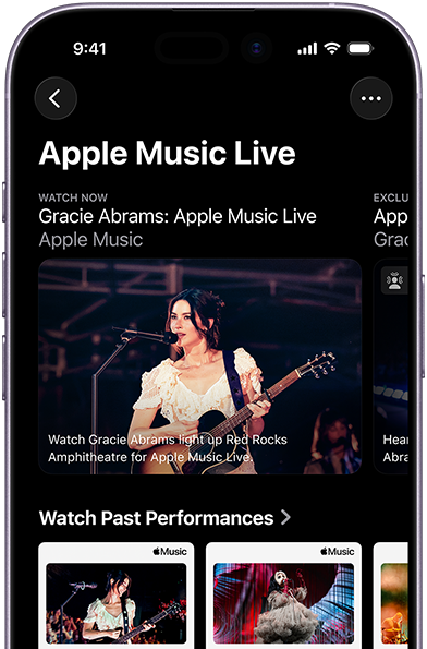 Apple Music Live screen on iPhone showing Watch Now and past performances