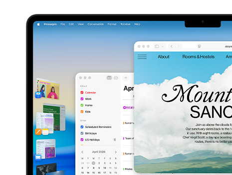Beberapa jendela dan aplikasi ditampilkan di layar, termasuk Keynote, Pages, Mail, dan situs web yang memperlihatkan konten tentang tempat retret yang tenang.