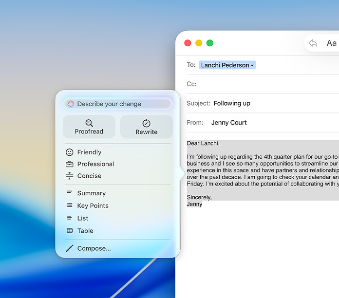 Aplikasi Mail dengan panel Alat Menulis Apple Intelligence yang menampilkan opsi untuk mengoreksi, menulis ulang, dan menyesuaikan nada