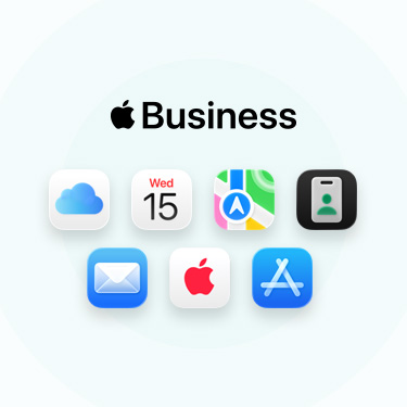 A lineup of business-related apps and tools including iCloud, Calendar, Maps, Apple Business, Mail, Apple Care, and App Store.