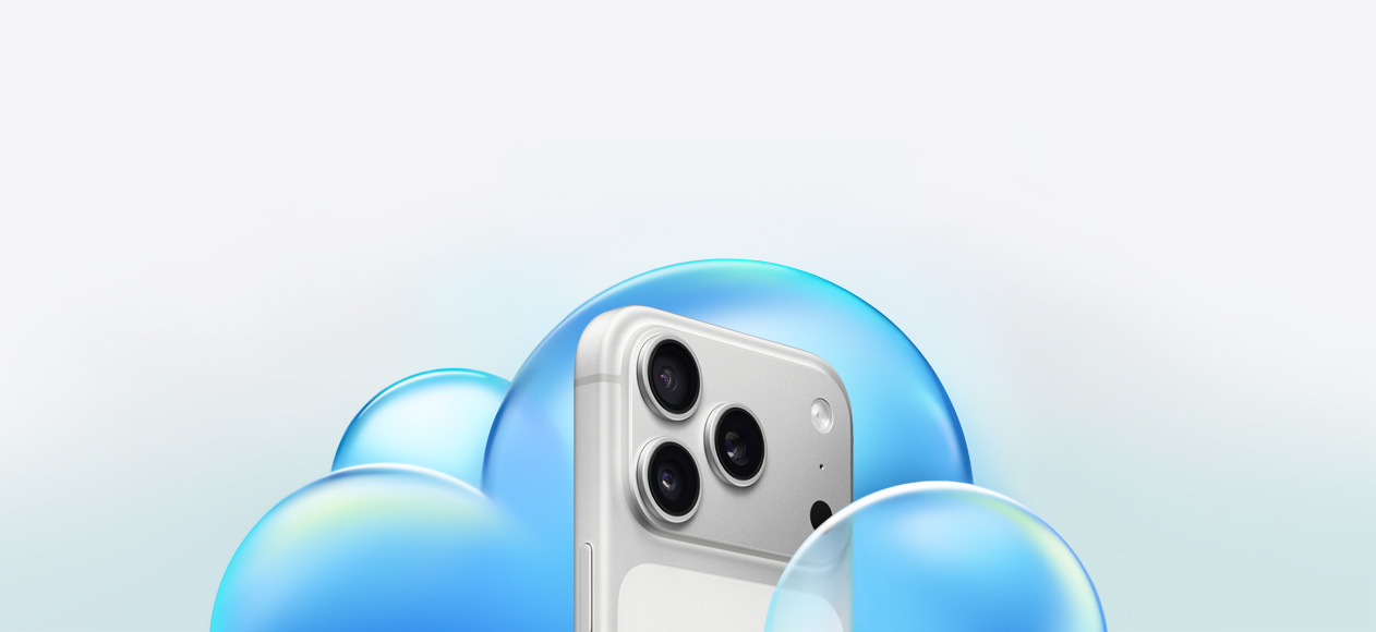 iCloud+ logo at top with iPhone 17 Pro in silver positioned inside a translucent blue cloud graphic.