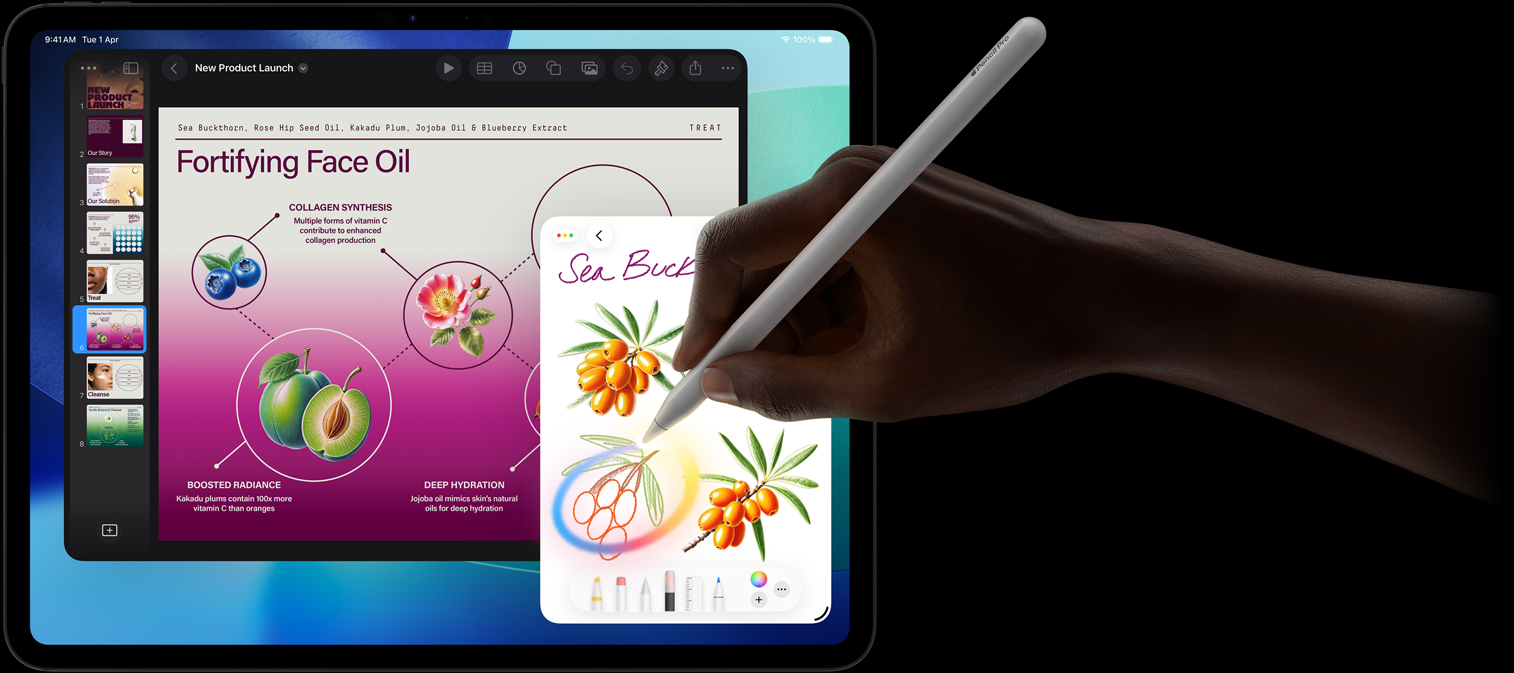 iPad Pro, front exterior display with dark blue and green gradient background with multiple apps open, hand holding Apple Pencil Pro circling a sketch showing Apple Intelligence Image Wand feature