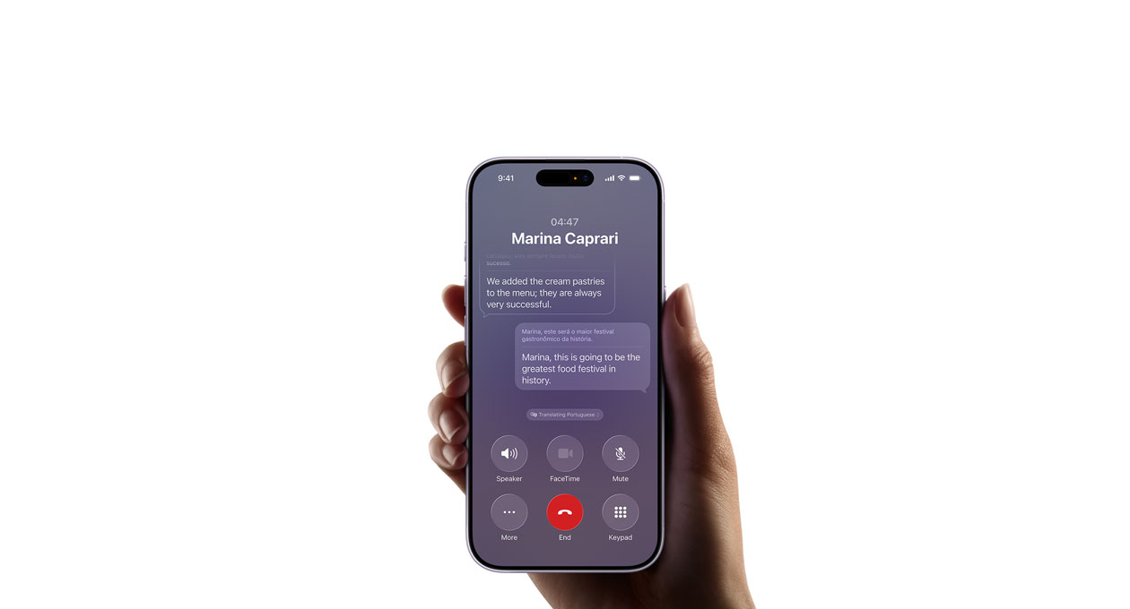 A hand holds an iPhone 17, demonstrating the Apple Intelligence Live Translation feature