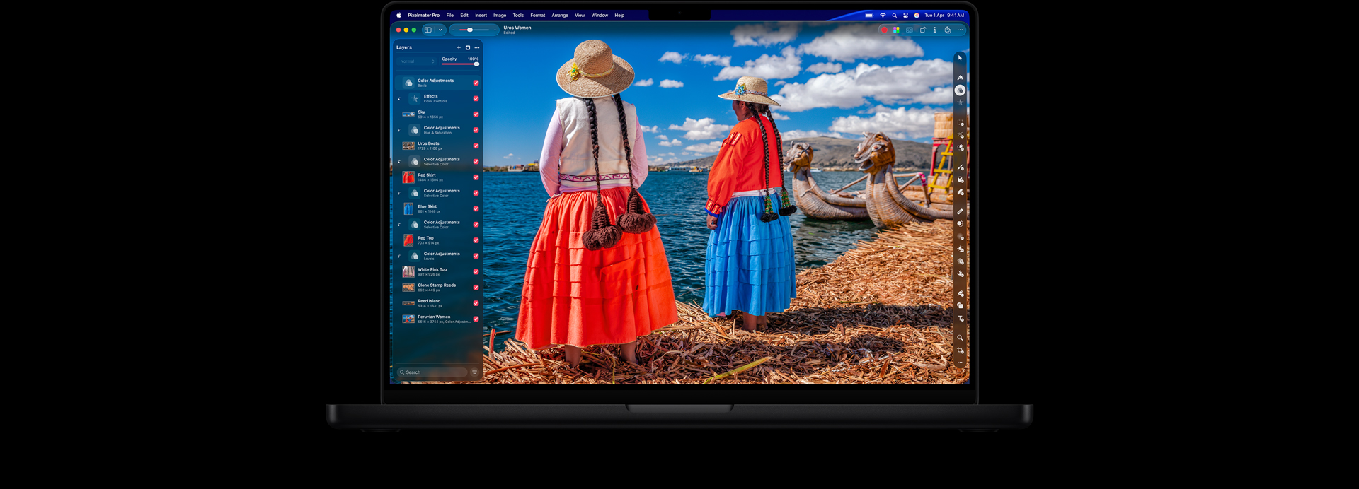 MacBook Pro 16″ screen, photo of two women in brightly coloured outfits, colour-editing tools