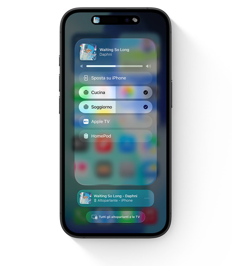 Un iPhone che mostra l’interfaccia di AirPlay per l’audio multiroom