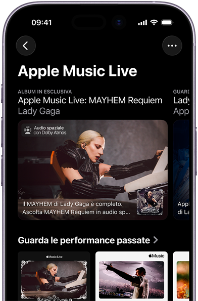 Schermata di Apple Music Live su un iPhone con la sezione Guarda ora e le performance precedenti