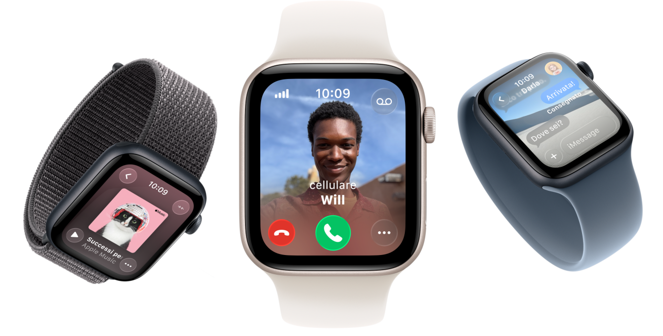 Dispositivi Apple Watch SE 3, casse in alluminio nei colori galassia e mezzanotte, cinturino Solo Loop intrecciato color curcuma, cinturino Solo Loop giallo neon, cinturino Sport Loop grigio scuro, schermate: Apple Pay, Centro di Controllo, Apple Music