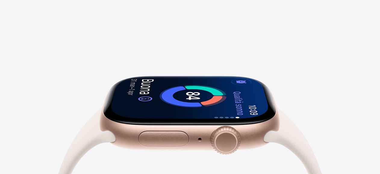 Apple Watch Series 11, cassa in alluminio color oro rosa, Qualità del sonno, lato destro, Digital Crown, microfono, tasto laterale, cinturino Sport galassia
