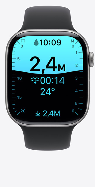 Apple Watch Series 11, cassa in alluminio, colore grigio siderale, schermata dell’app Profondità, immersione a 2,4 metri