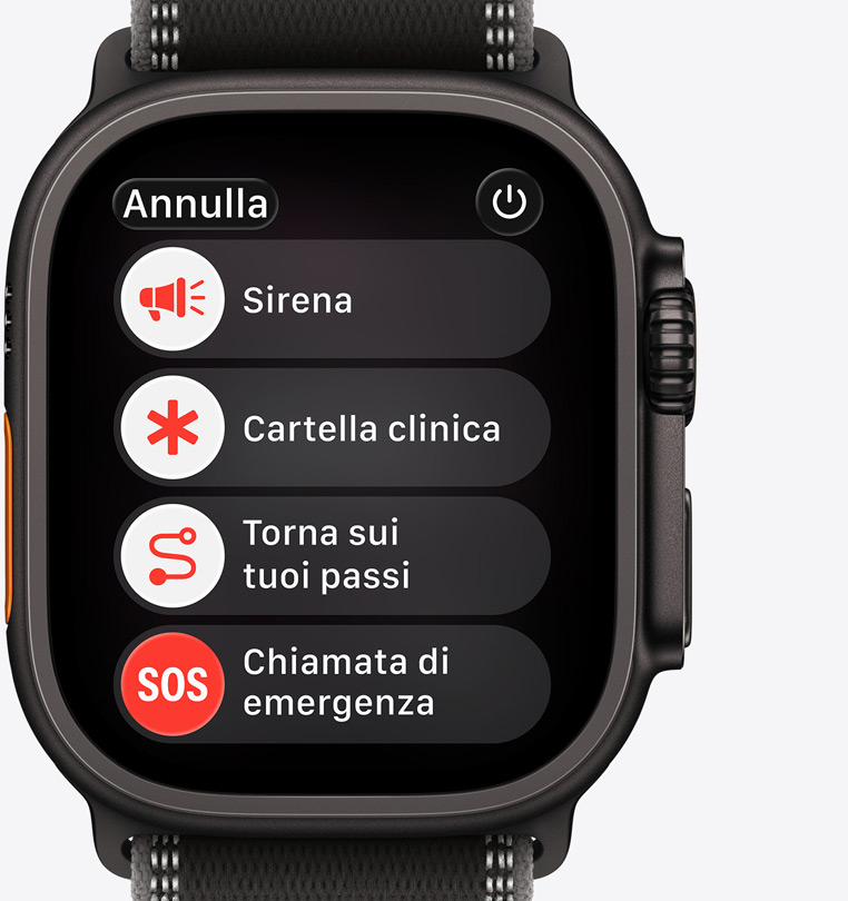 Apple Watch Ultra 3, cassa in titanio, colore nero, opzioni di emergenza sullo schermo: sirena, cartella clinica, Torna sui tuoi passi, chiamata di emergenza