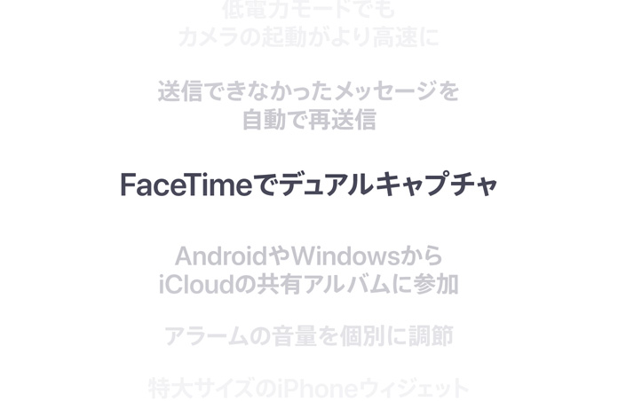 縦に並んだ機能のリスト。中央に「FaceTimeでデュアルキャプチャ」が太字で表示されている。上下に配置されたほかの機能は背景に溶け込んでいる
