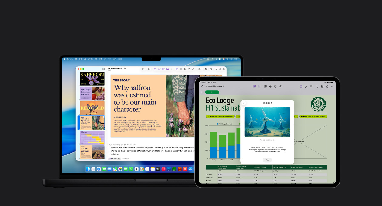 iPad Pro 13 화면에 차트와 표, 그래픽이 포함된 보고서 슬라이드가 열려 있고, MacBook Pro 16 화면에는 왼쪽에 여러 슬라이드가 있고 하단에 생성된 발표자 메모가 있는 Keynote 프레젠테이션이 표시되어 있는 모습
