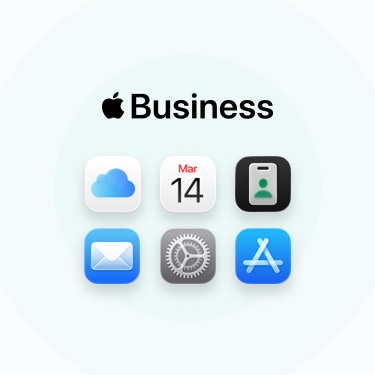 Una serie de apps y herramientas para empresas, incluidas iCloud, Calendario, Mapas, Apple Business, Mail, Configuración y App Store.
