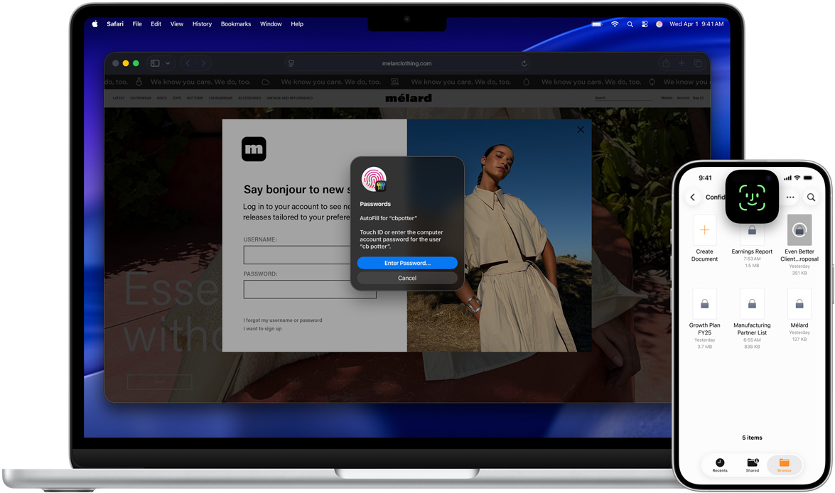 Una MacBook donde se ve la ventana de Touch ID, con el fondo de pantalla de macOS Tahoe. Frente a la MacBook hay un iPhone con la pantalla de Face ID.