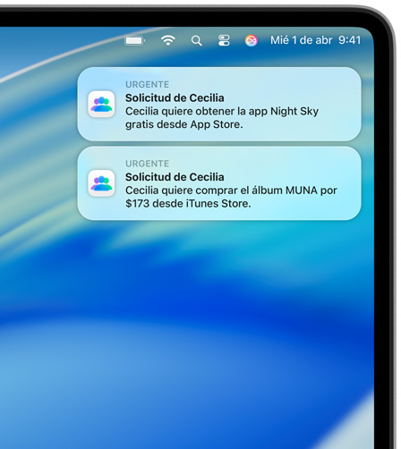 Dos notificaciones en macOS en la esquina superior derecha de la pantalla de una Mac, cada una con una solicitud de compra: la primera para Night Sky en el App Store y la segunda para el álbum de MUNA en el iTunes Store