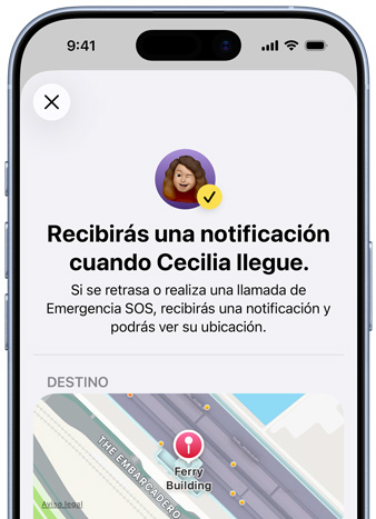 Pantalla de un iPhone que muestra una confirmación de que se configuró una notificación en Encontrar, con un texto que dice que se le avisará a la persona cuando Pedro llegue a su destino, y un mapa con una ubicación seleccionada en la parte inferior de la pantalla