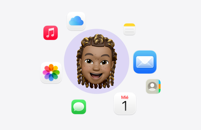 Emoji de una cara sonriente rodeada de varios íconos de apps: Música, iCloud Drive, Notas, Mail, Contactos, Calendario, Mensajes y Fotos