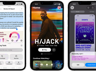 Vienas šalia kito „iPhone 17e“ telefonai su skirtingais ekranais: žaidžiamas žaidimas, rašymo įrankiai, programa „Apple TV“, kalendoriaus įvykio kūrimas, „Genmoji“ kūrimas