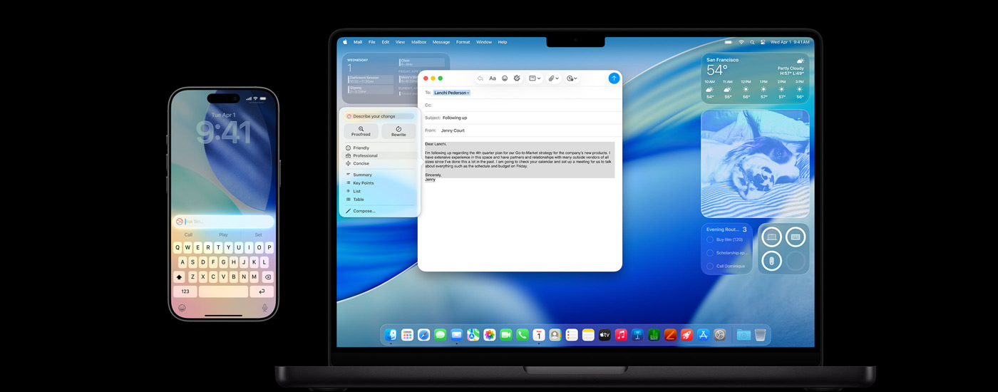 Un iPhone et un Mac affichent Apple Intelligence, ainsi que l’économiseur d’écran macOS Tahoe.