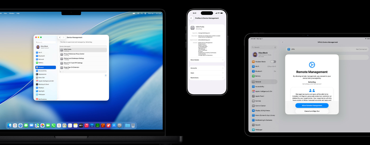 Affichage de trois appareils Apple : à gauche, un Mac affiche une fenêtre Gestion de l’appareil. Au centre, un iPhone affiche les réglages du profil MDM (Mobile Device Management). À droite, un iPad affiche une fenêtre Gestion à distance.