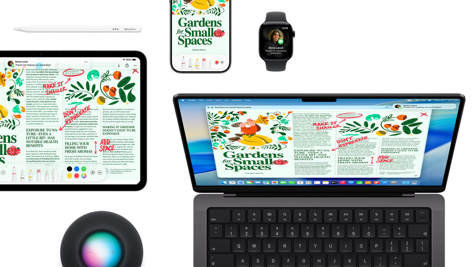 Plusieurs appareils, dont un iPad, un iPhone, une Apple Watch et un Mac exécutant macOS Tahoe, affichent tous la même mise en page de magazine.