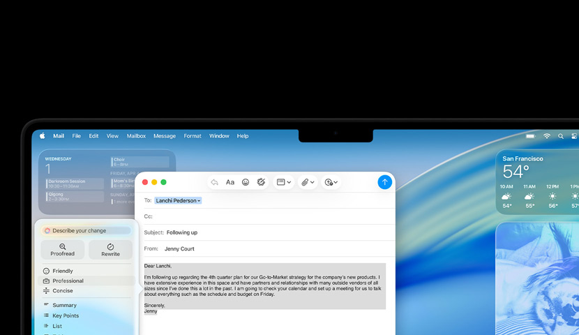 Un bureau de Mac affiche un e-mail professionnel avec un prompt Apple Intelligence. Divers widgets et un fond d’écran macOS Tahoe sont visibles à l’arrière-plan de la fenêtre de messagerie.